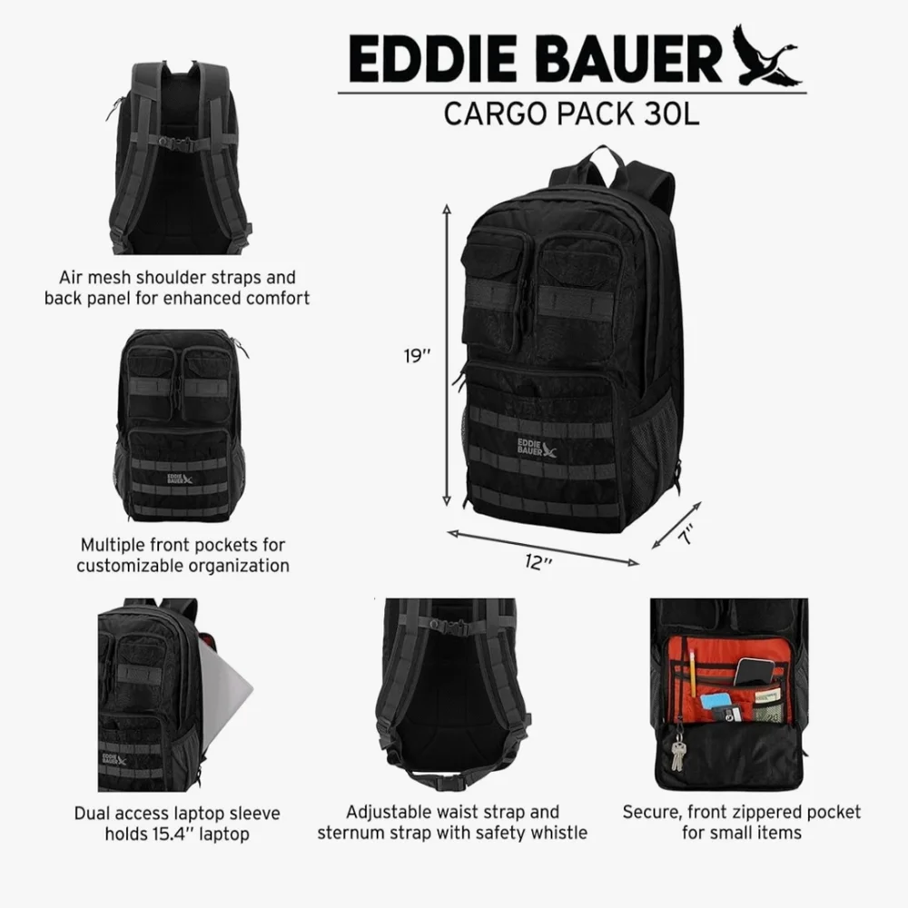 Eddie Bauer Cargo Tactical Backpack Black W/ Orange Accents Pockets 30L